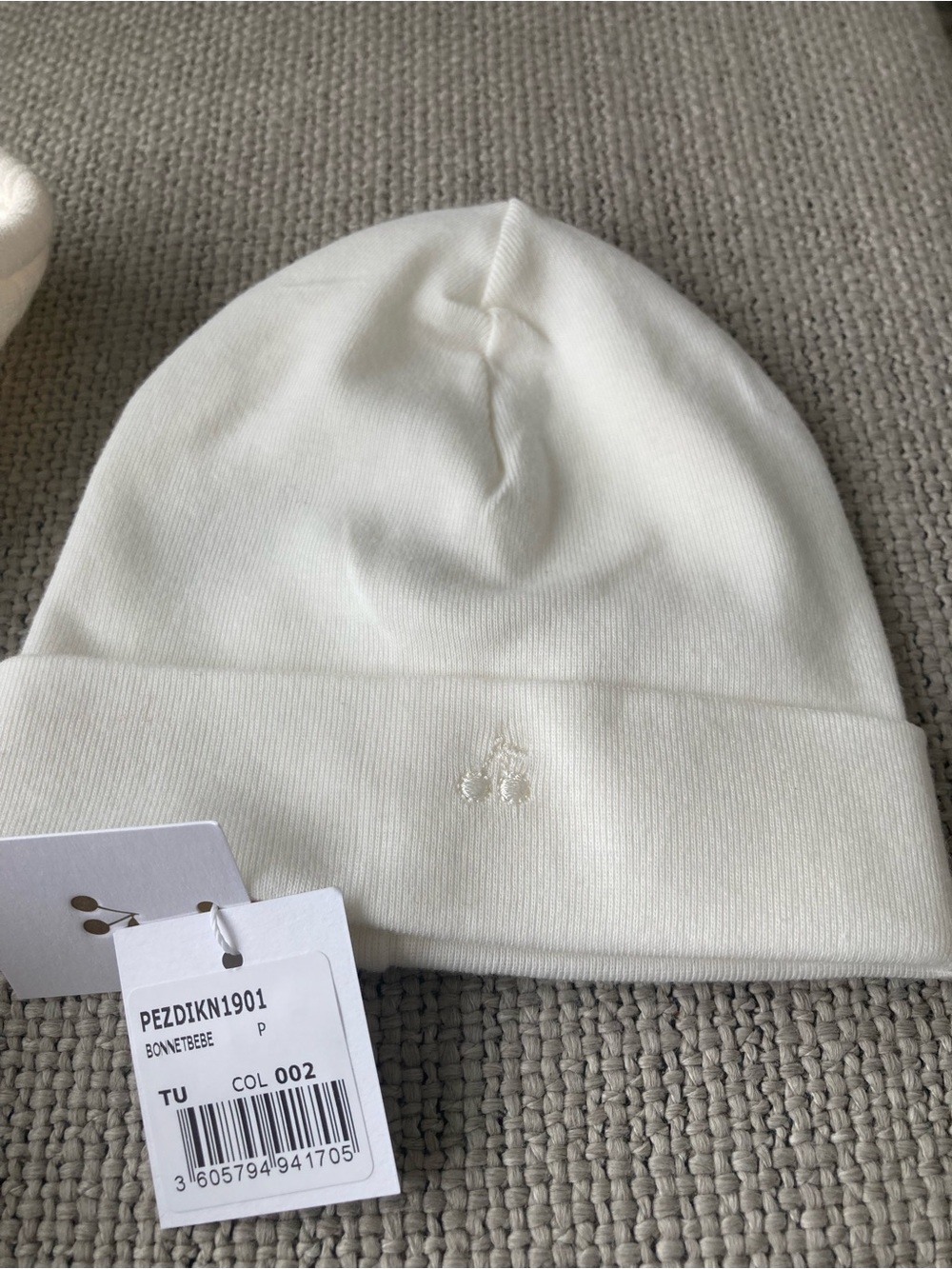 Bonpoint Cream Knit Beanie with Subtle Embroidered Motif